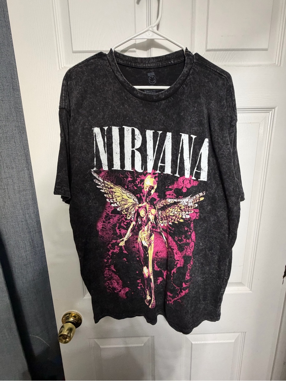 NIRVANA Black Tee with Pink and Gold Angel Graphic